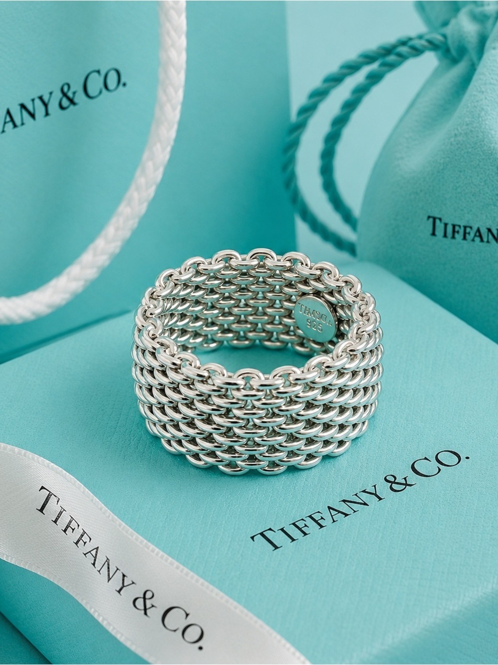 Tiffany & Co. Somerset Mesh Ring Flexible 925 10mm wide Size 5 Retired Edition